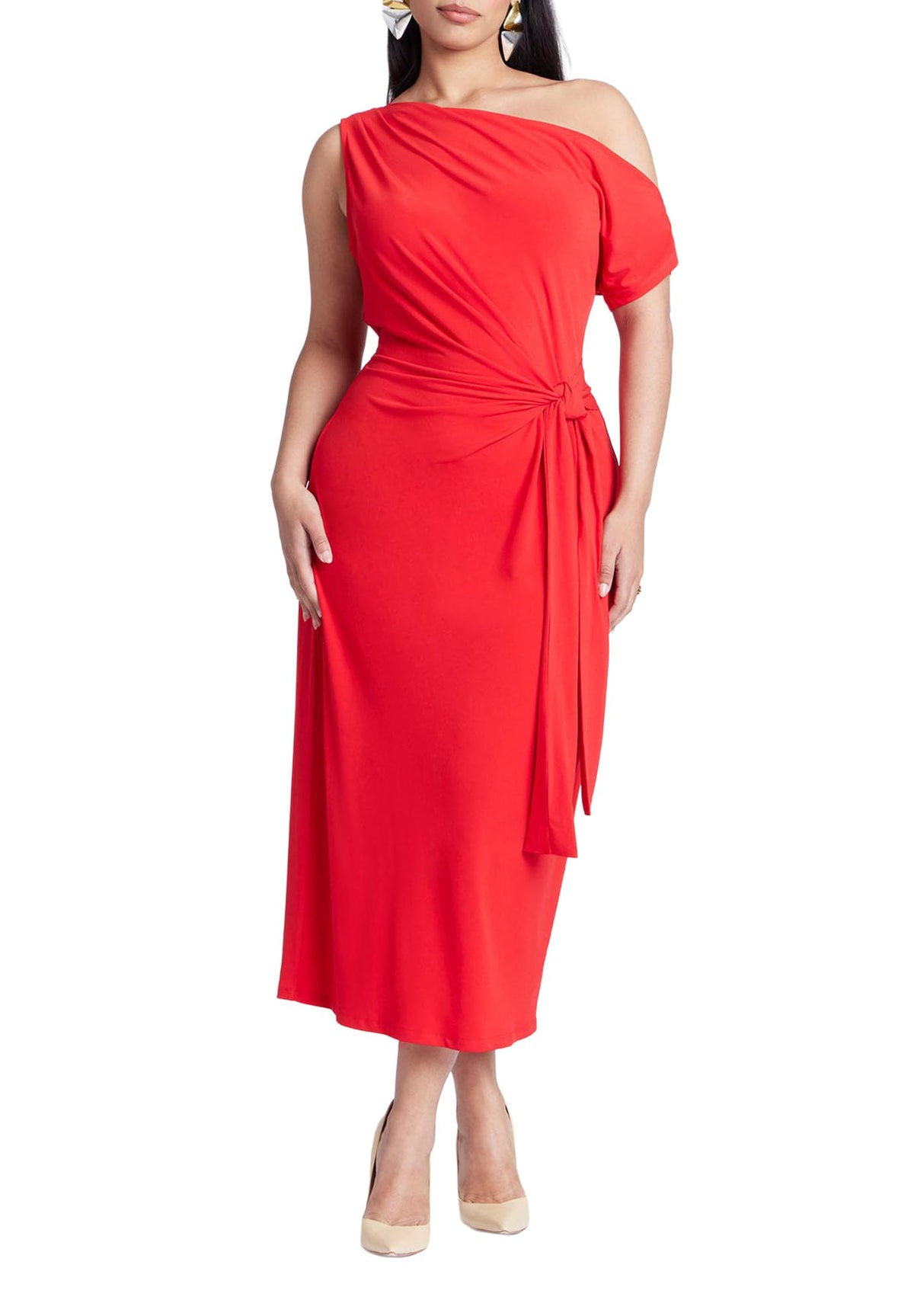 ELOQUII Women's Plus Size Off The Shoulder Tie Front Midi Dress - 14, Lychee