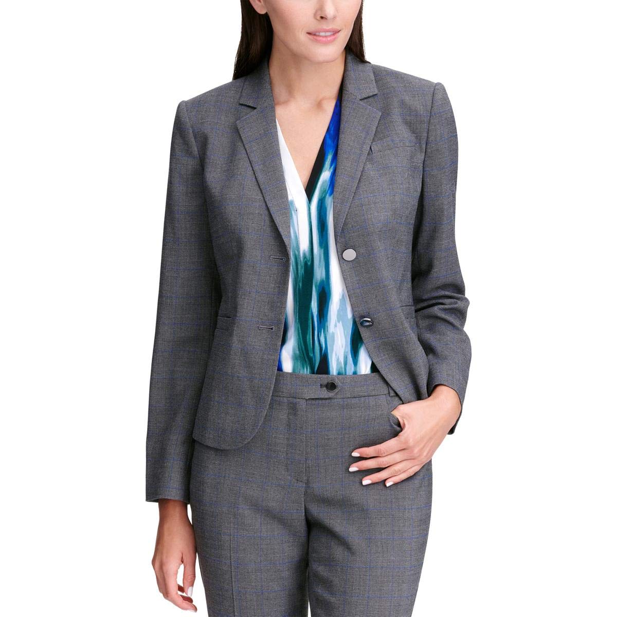 Calvin Klein Womens Plaid Office Wear Two-Button Blazer Gray 12