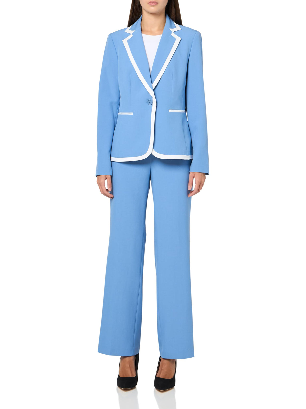 Le Suit Missy Jacket Pant Suit Pale Blue Natural White Size 16