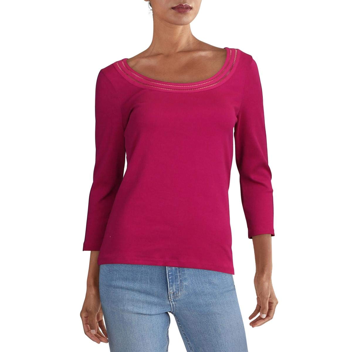 LAUREN RALPH LAUREN Womens Contrast Trim Scoop Neck Top Pink L