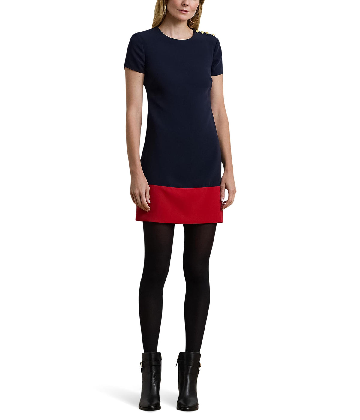 Lauren Ralph Lauren Women s Two Tone Button Trim Crepe Shift Dress Lauren Navy Festive Red 4