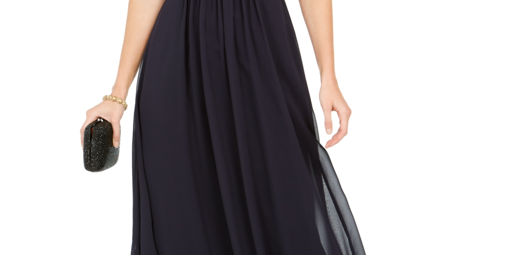Adrianna Papell Women's Off The Shoulder Chiffon Gown Blue Size 2