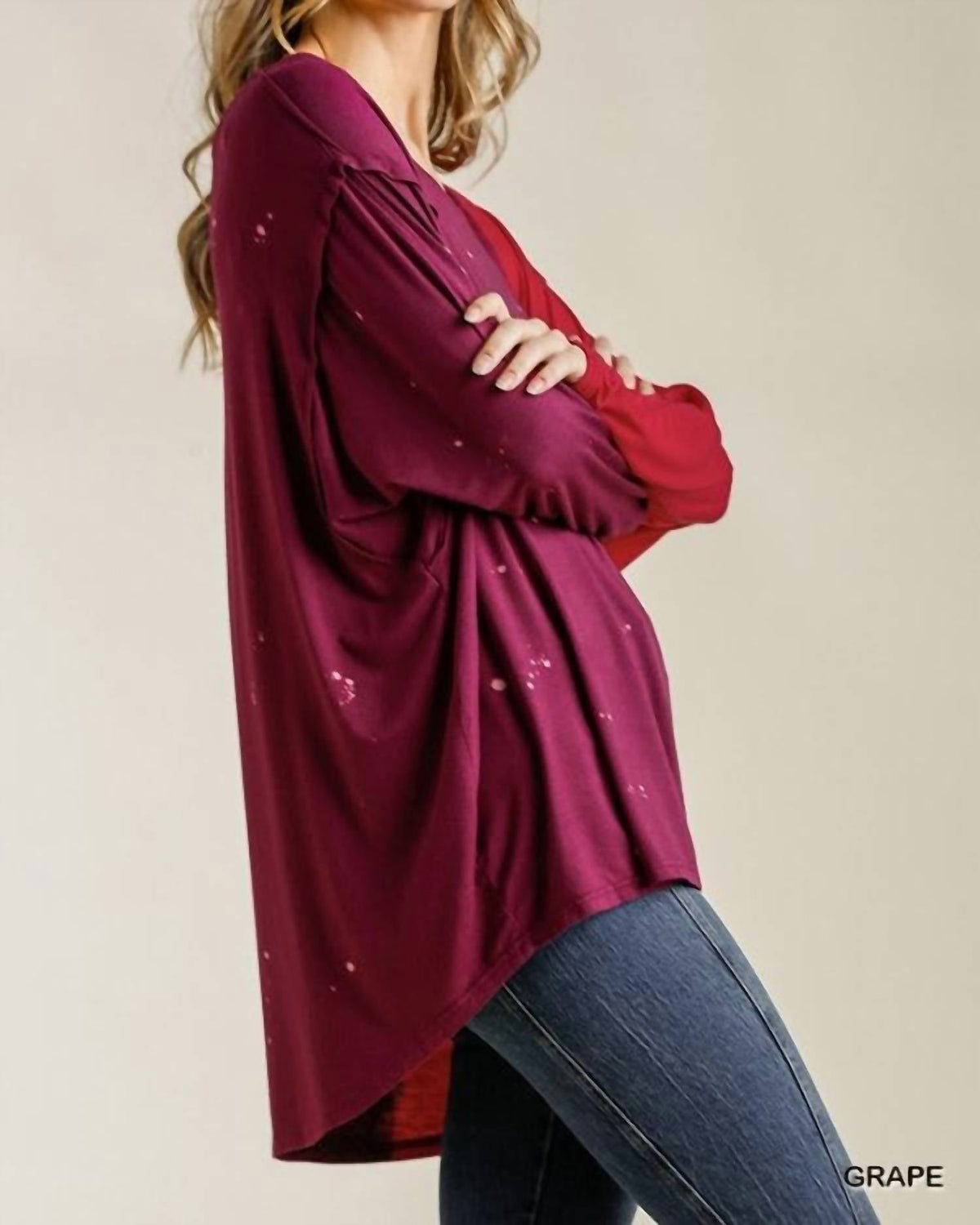 Umgee - Contrast Color Raw Edge Long Sleeve Top