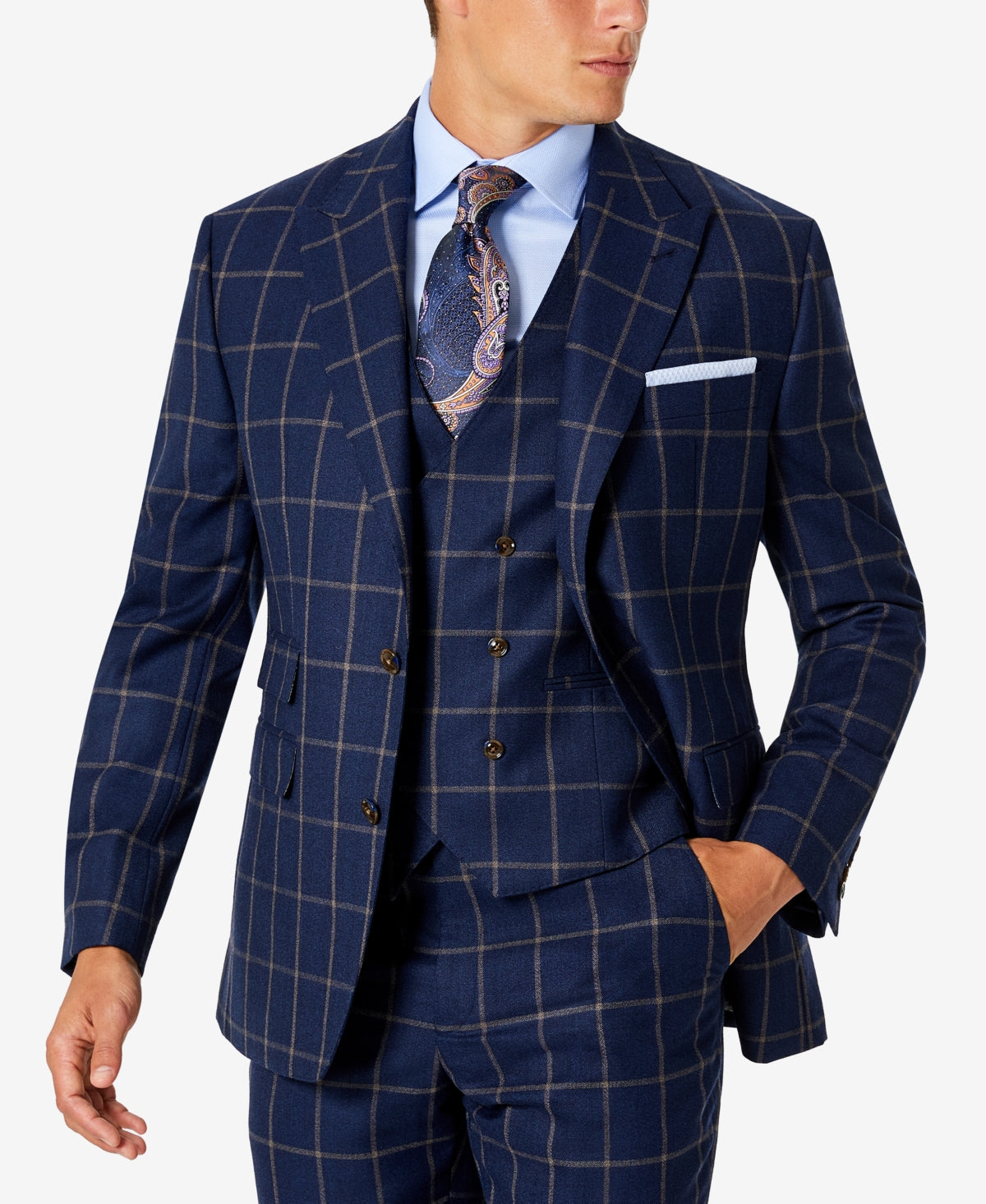 Tayion Collection Men's Classic Fit Wool Suit Jacket Blue Size 46
