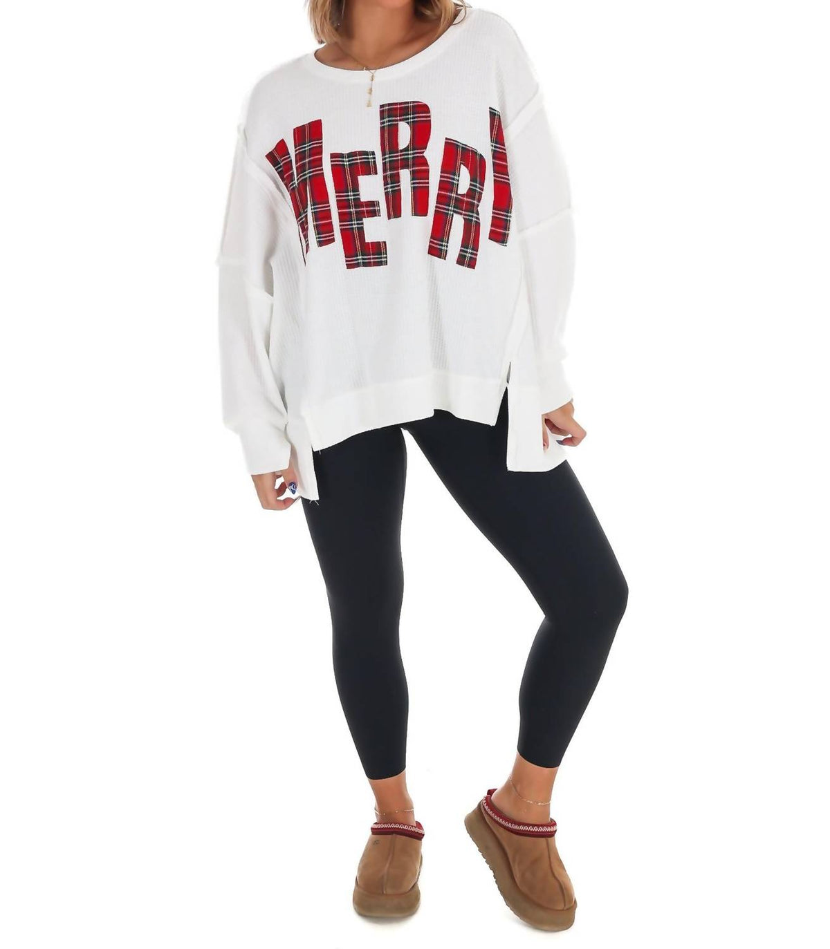 Bibi - Christmas Plaid Merry Waffle Knit Pullover Sweater