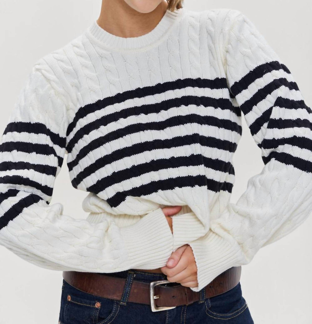 Frankies Bikinis - Varsity Striped Cable Knit Sweater