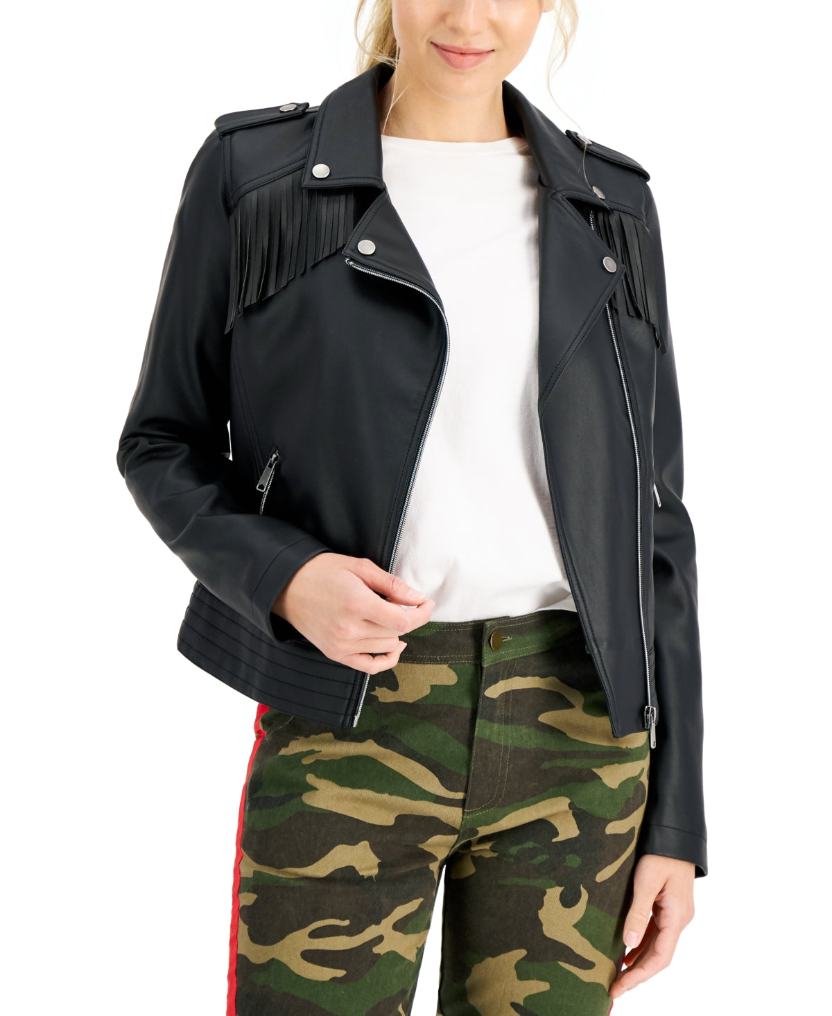 Coffeeshop Junior's Faux Leather Fringe Moto Jacket Black Size Medium