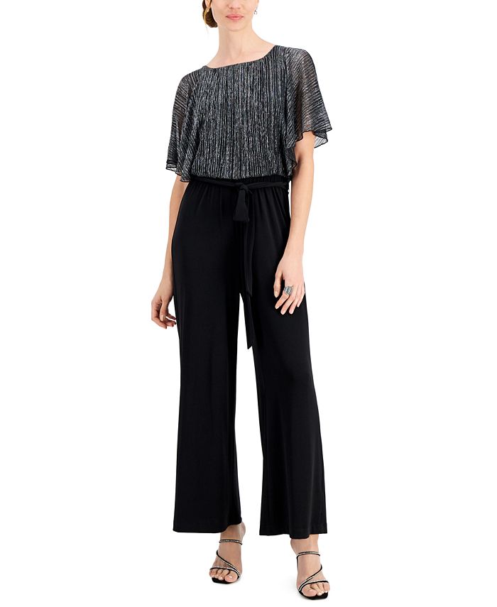 Connected Women's Flutter Sleeve Shimmering Overlay Jumpsuit Black Size 14Petite
