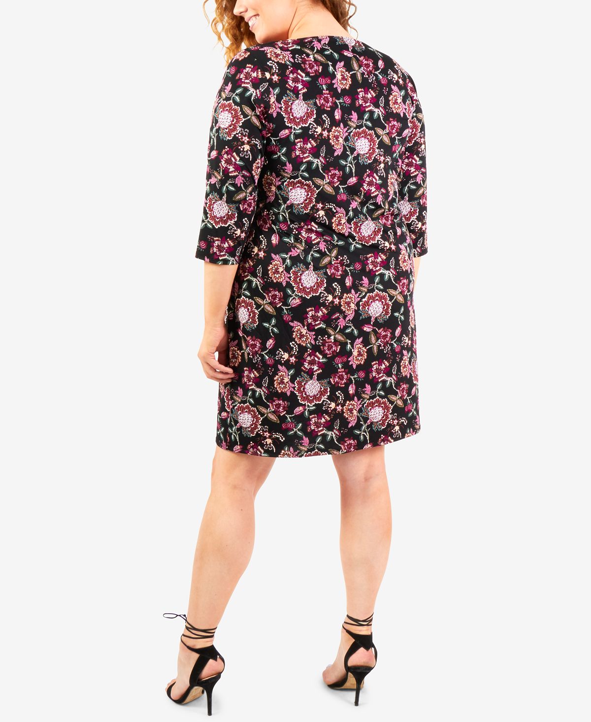 NY Collection Women's Plus Jacquard Knit Shift Dress with Necklace -Black/Wine Size 2X