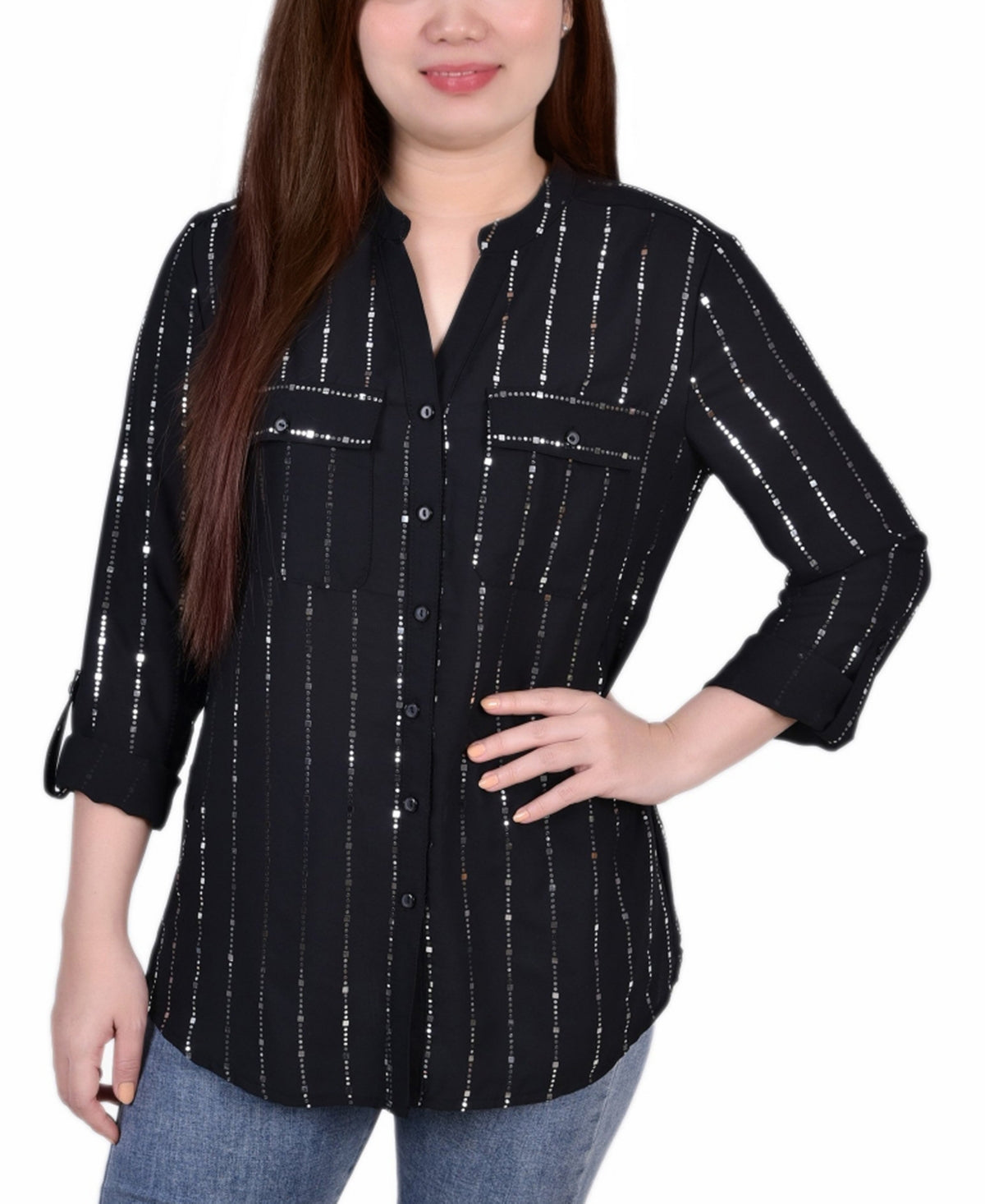 NY Collection Women's 3/4 Sleeve Roll Tab With Metallic Details Blouse Top Black Size M