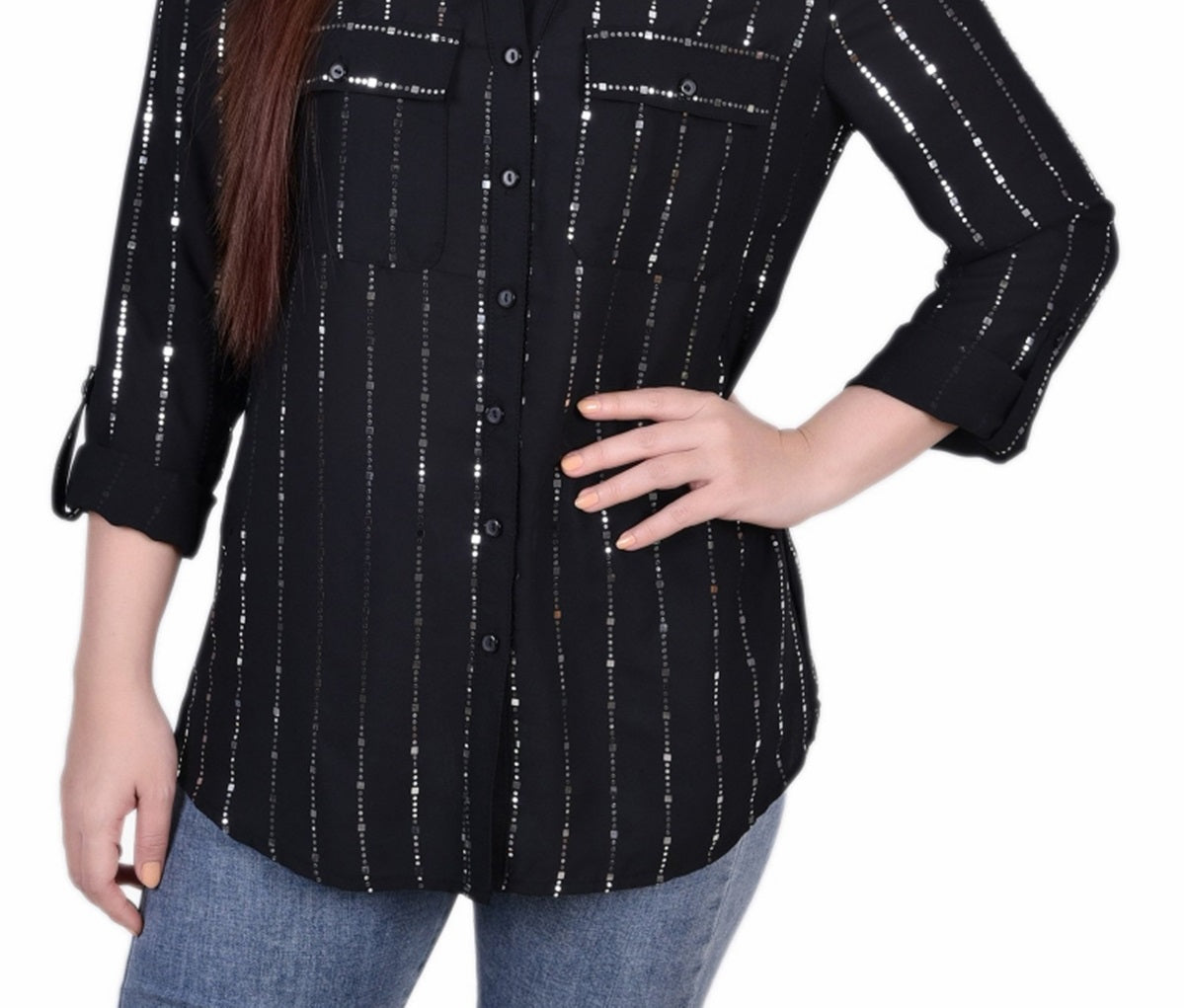 NY Collection Women's 3/4 Sleeve Roll Tab With Metallic Details Blouse Top Black Size M