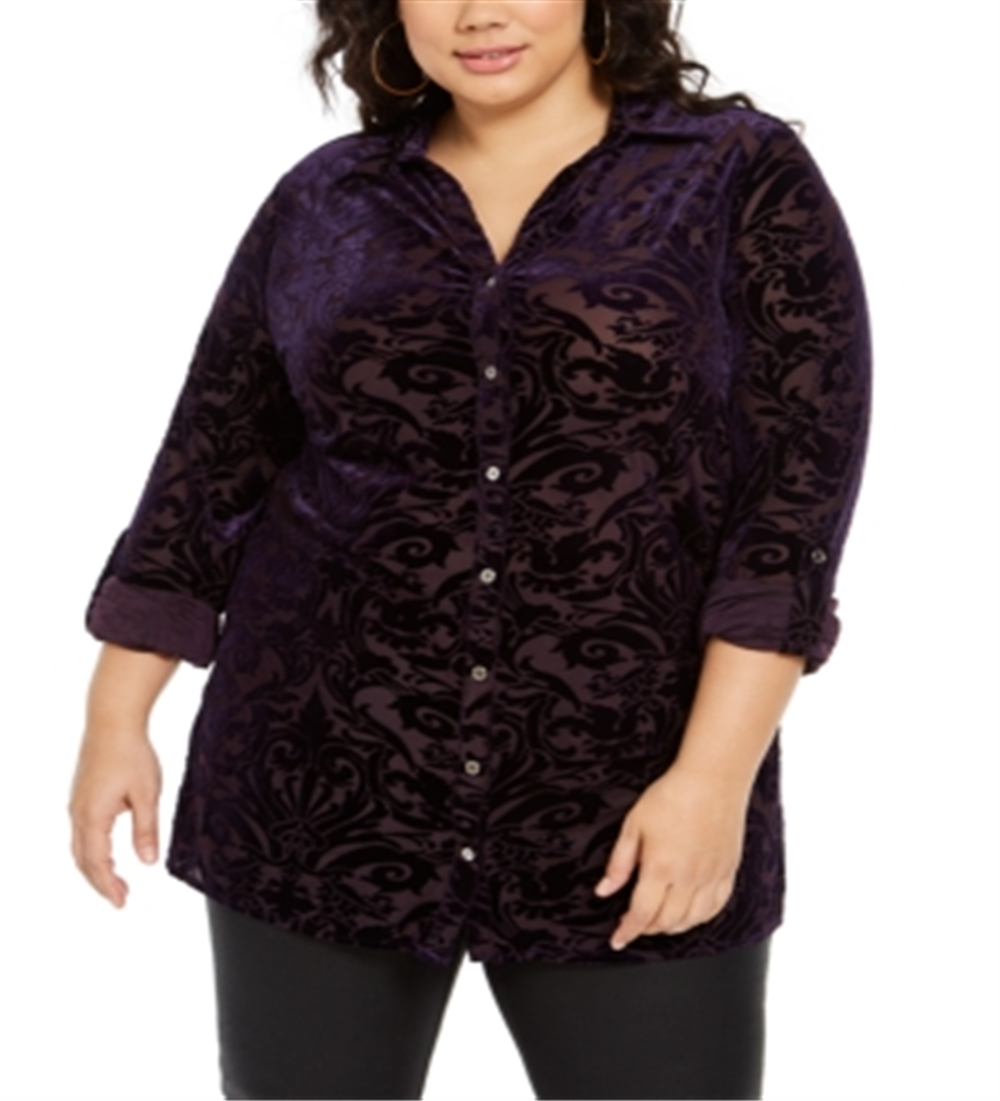 NY Collection Women's Plus Velvet Burnout Top Purple Size 2X