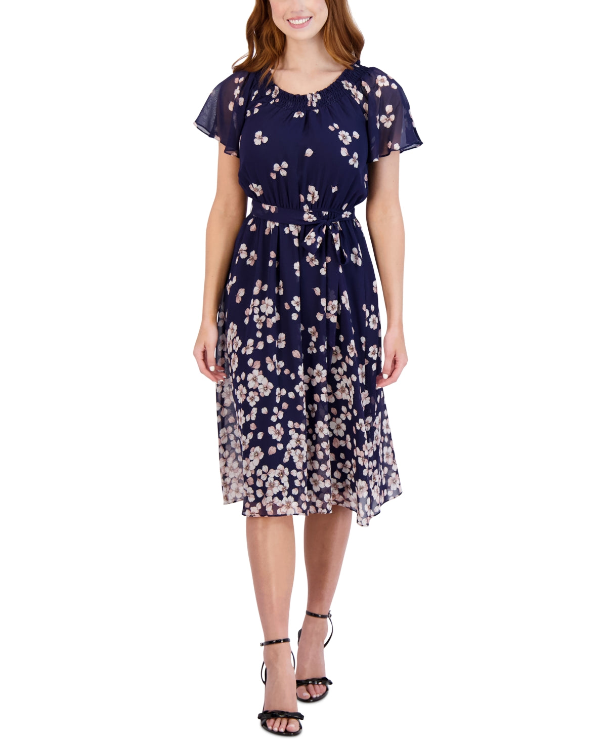 Sandra Darren Women's Printed Flutter Sleeve A Line Dress Blue Size 10