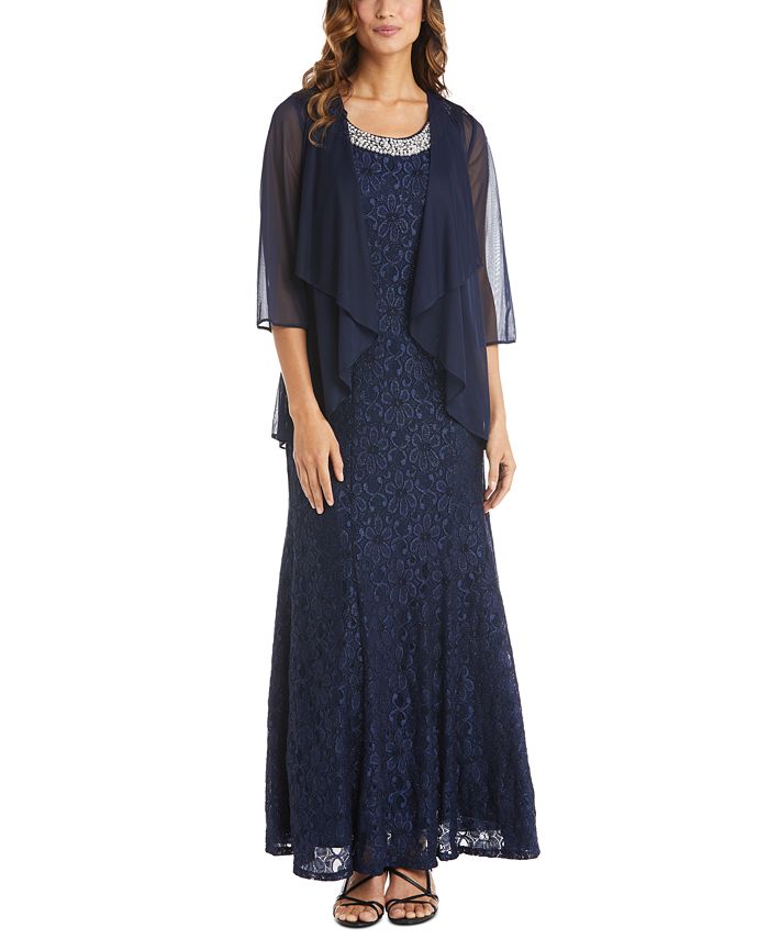 R & M Richards Women's Beaded Dress & Flyaway Jacket Blue Size 14