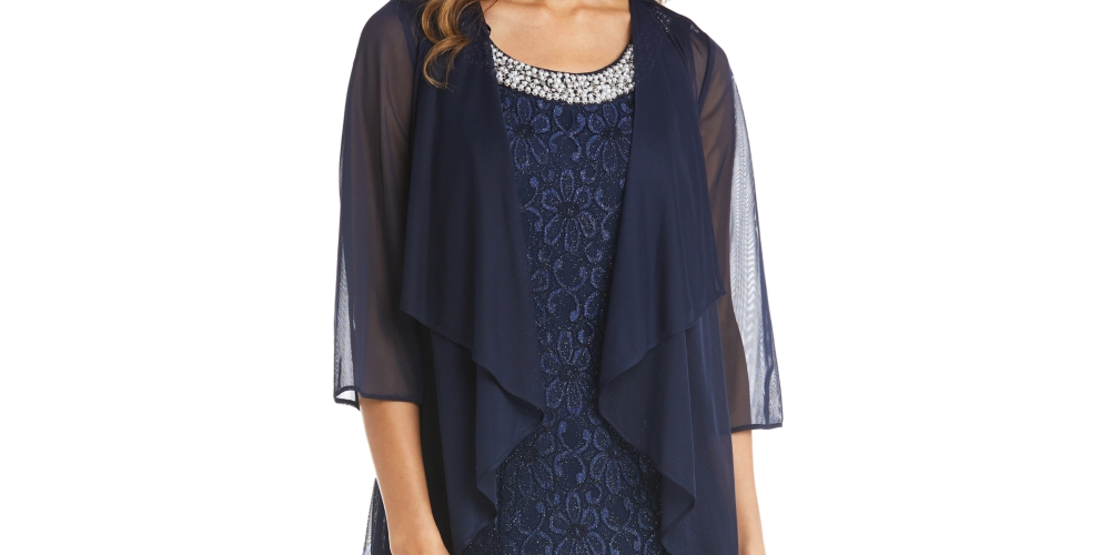 R & M Richards Women's Beaded Dress & Flyaway Jacket Blue Size 14