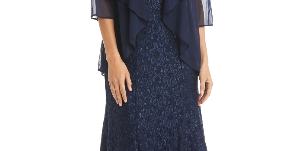 R & M Richards Women's Beaded Dress & Flyaway Jacket Blue Size 14