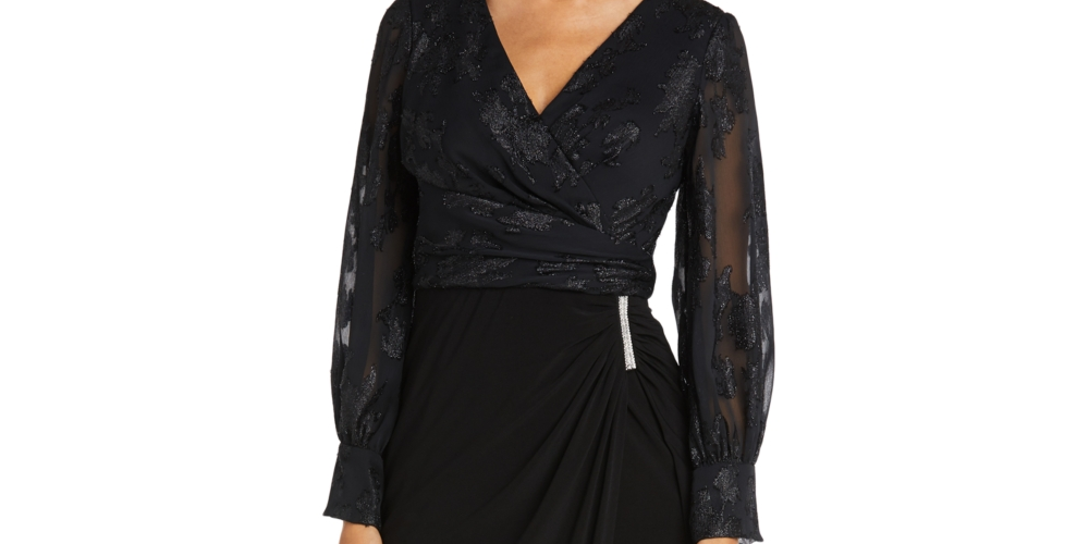 Nightway Women's Jacquard Faux Wrap Gown Black Size 4