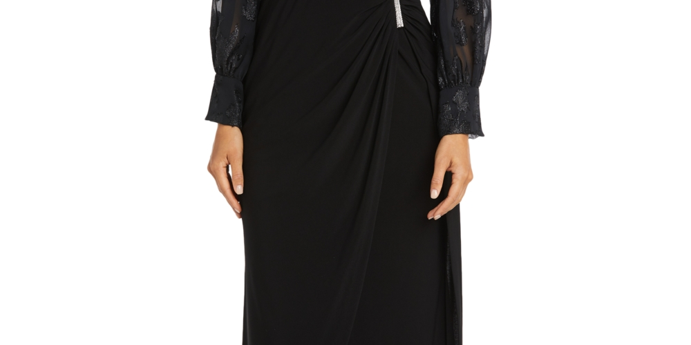 Nightway Women's Jacquard Faux Wrap Gown Black Size 4