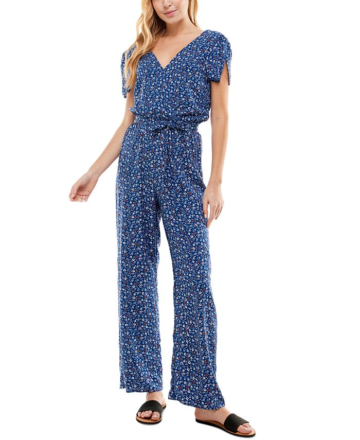 Kingston Grey Women's Floral Tie Waist Jumpsuit Blue Size Large