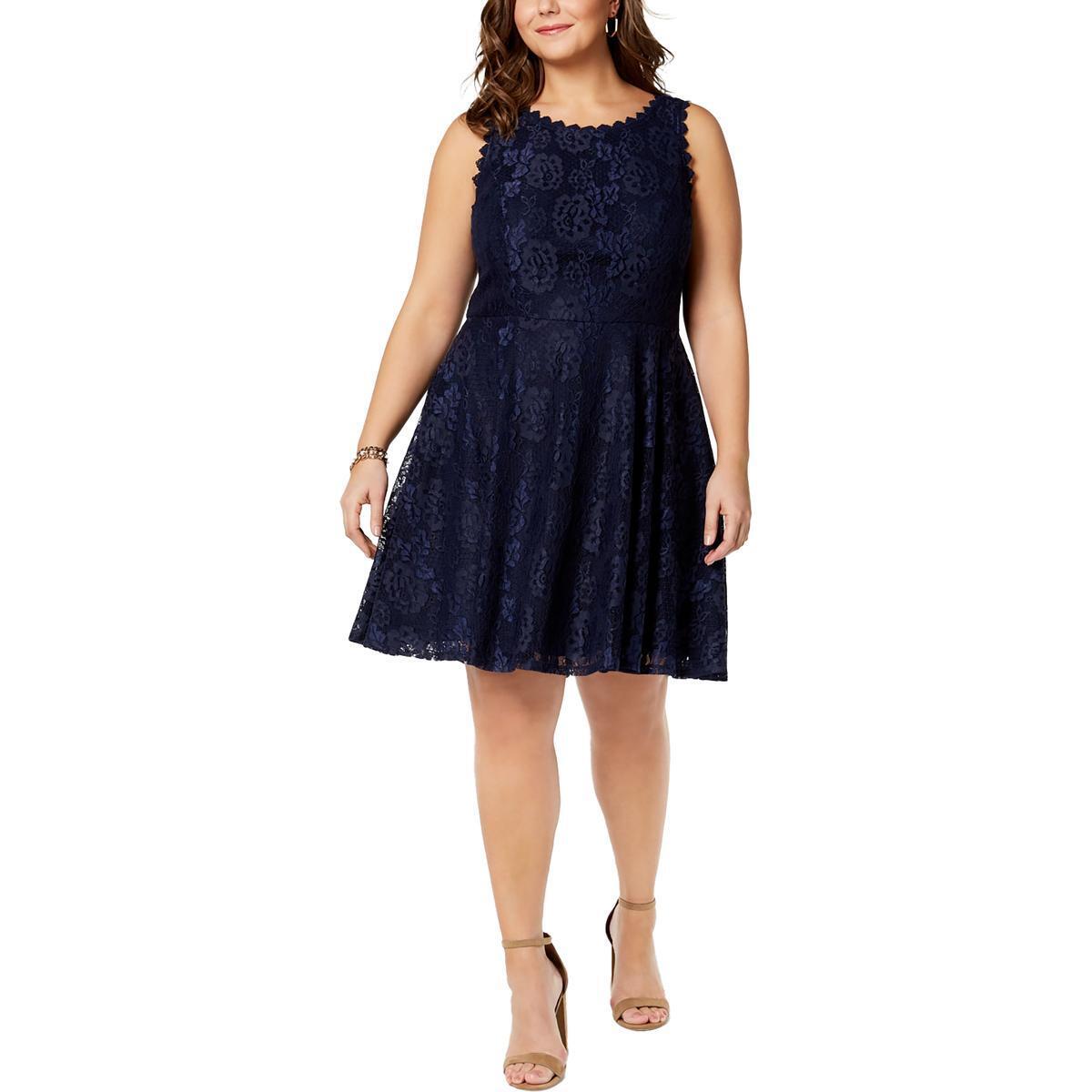 City Studios Women's Lace Fit & Flare Dress Blue Size 16W