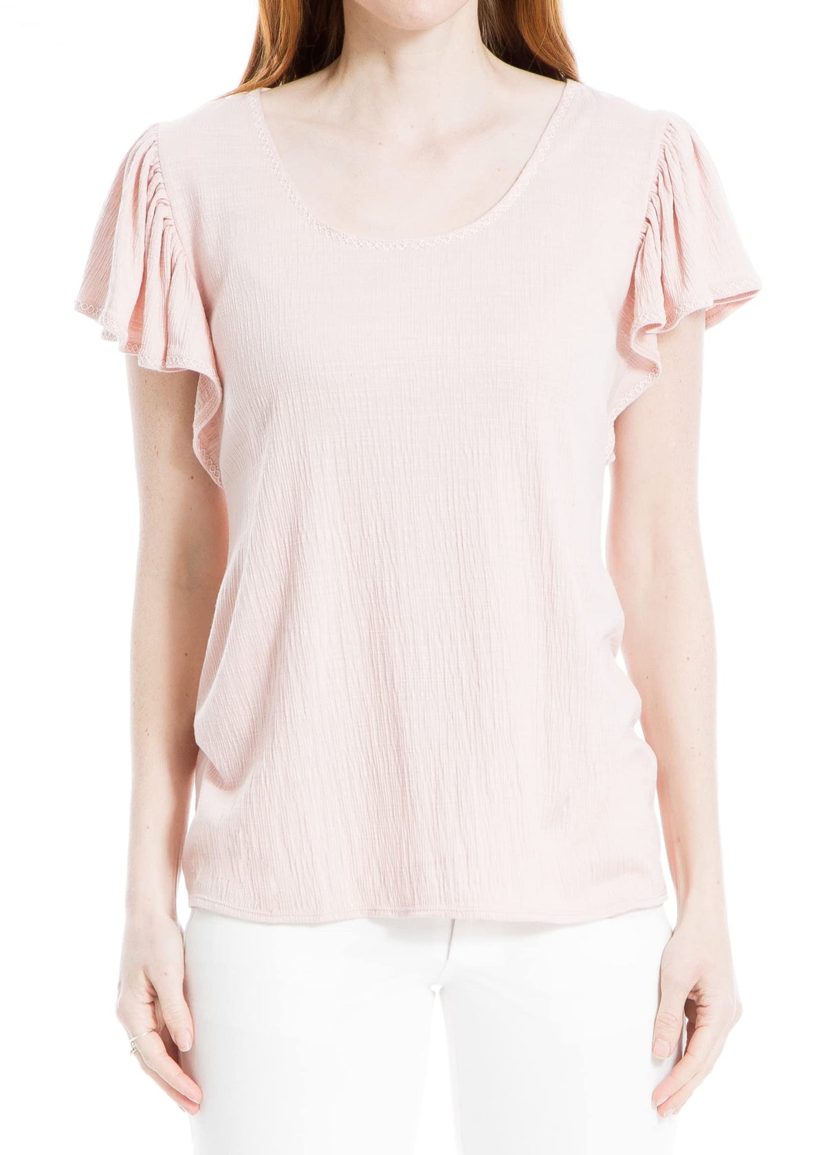 Max Studio Women's Flutter Sleeve Crinkle Jersey Top, Blush, Large