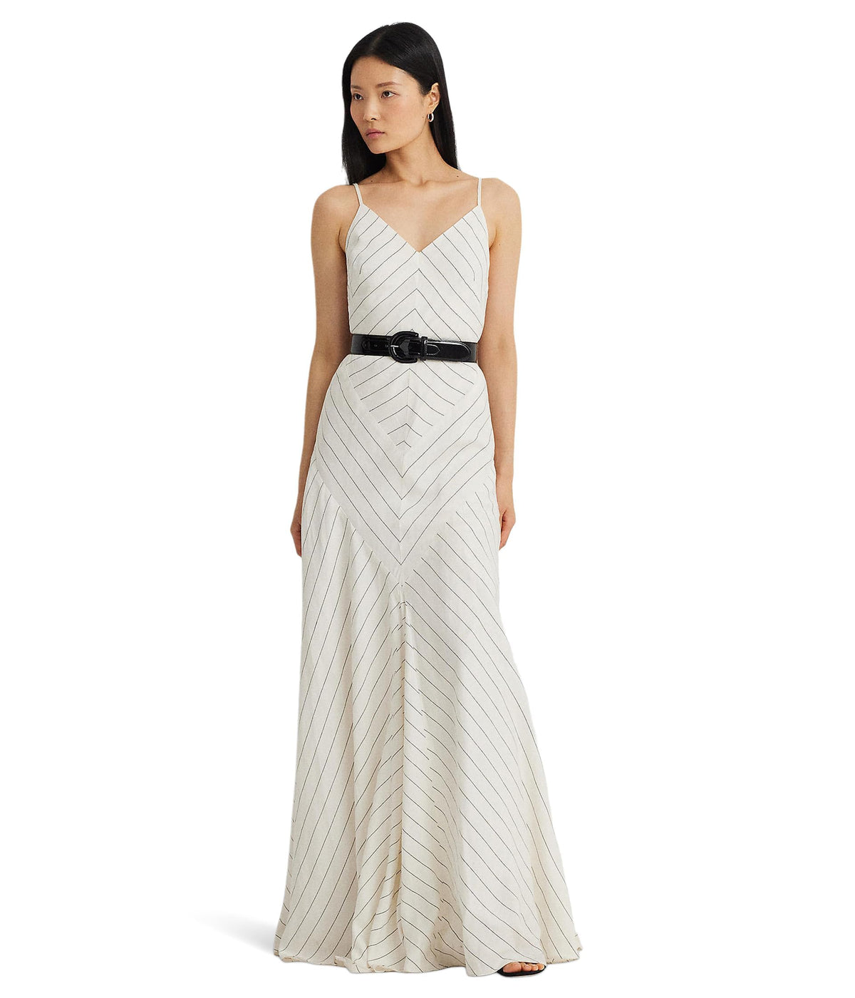 Lauren Ralph Lauren Womens Chevron Linen Blend Sleeveless Gown Mascarpone Cream Black 16