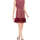 Donna Ricco Women's Bonded Lace Sheath Dress with Ruffle Trim Hem, Wine/Nude