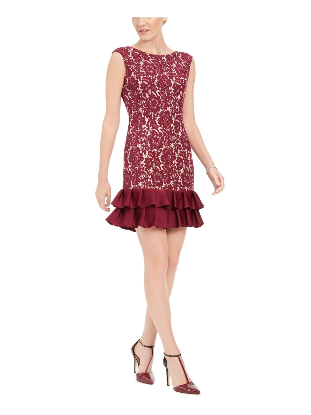 Donna Ricco Women's Bonded Lace Sheath Dress with Ruffle Trim Hem, Wine/Nude