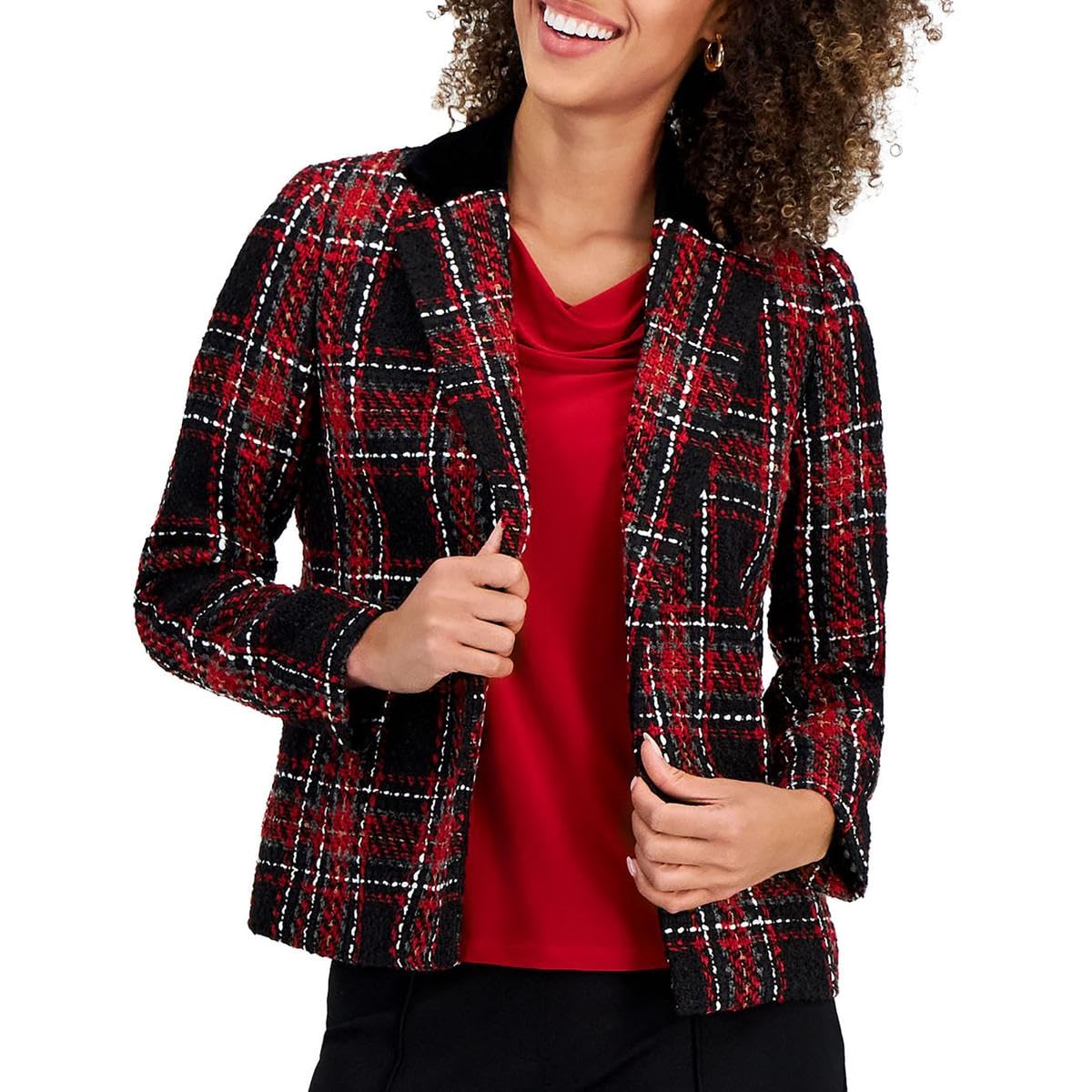 Kasper Womens Petite Notch Collar Open Front Blazer Jacket Fire Red Multi Size 8 Petite
