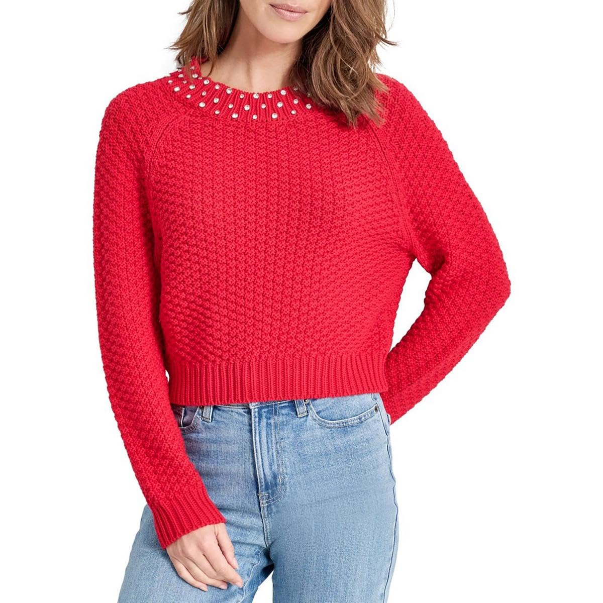 DKNY Womens Red Crystal Embellished Sweater