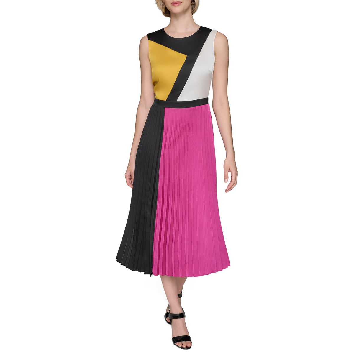 KARL LAGERFELD Paris Womens Colorblock Satin Sleeveless Midi Dress Black French Fuschia Size 8