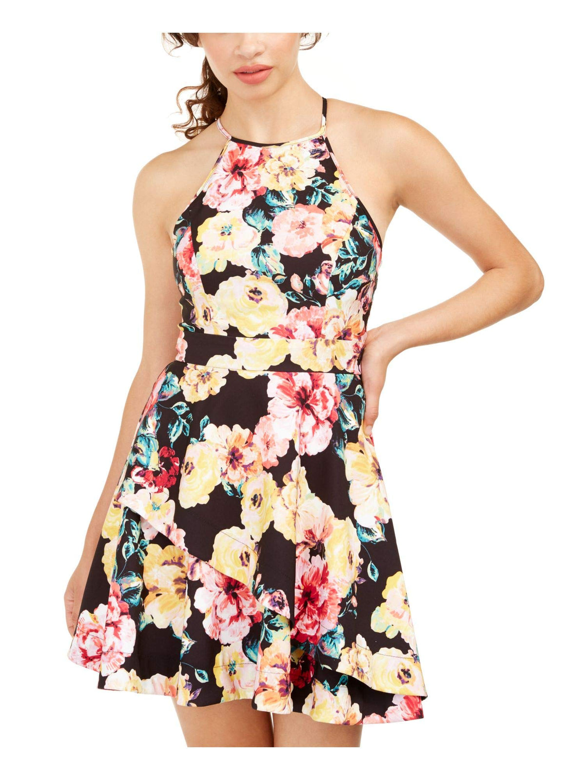 Speechless Womens Yellow Floral Sleeveless Halter Short Fit + Flare Dress Size 7