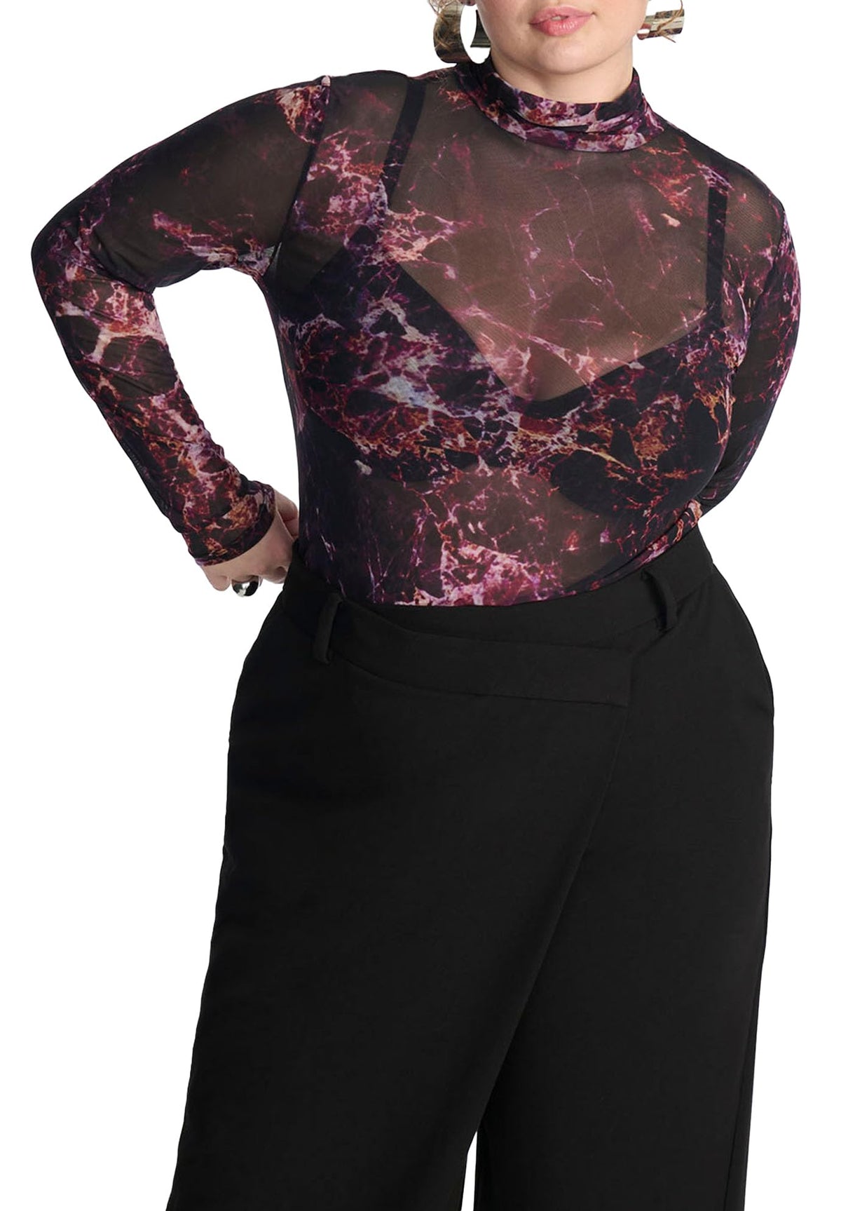 ELOQUII Women's Plus Size Printed Mesh Turtleneck Top - 18/20, Mineral Print