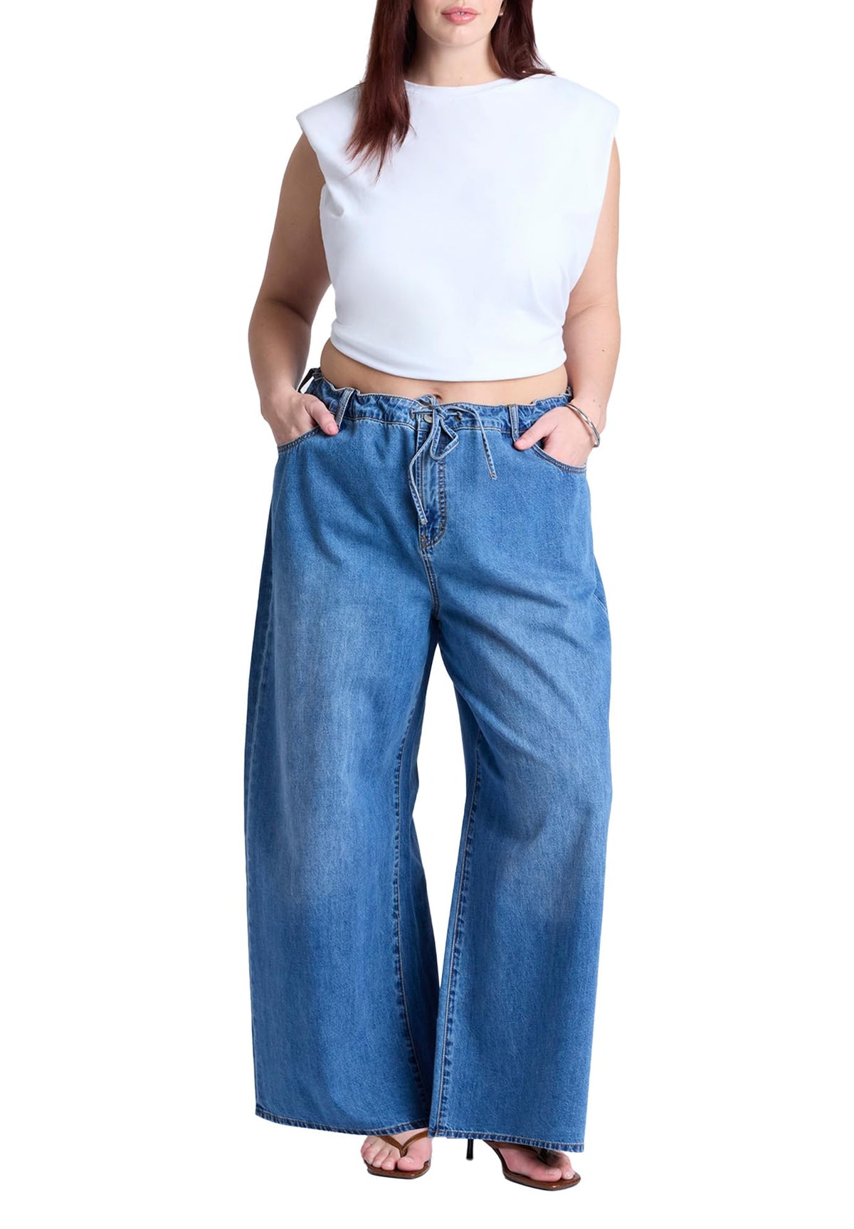 ELOQUII Women's Plus Size Drawstring Waist Lightweight Jean - 22, Medium Wash