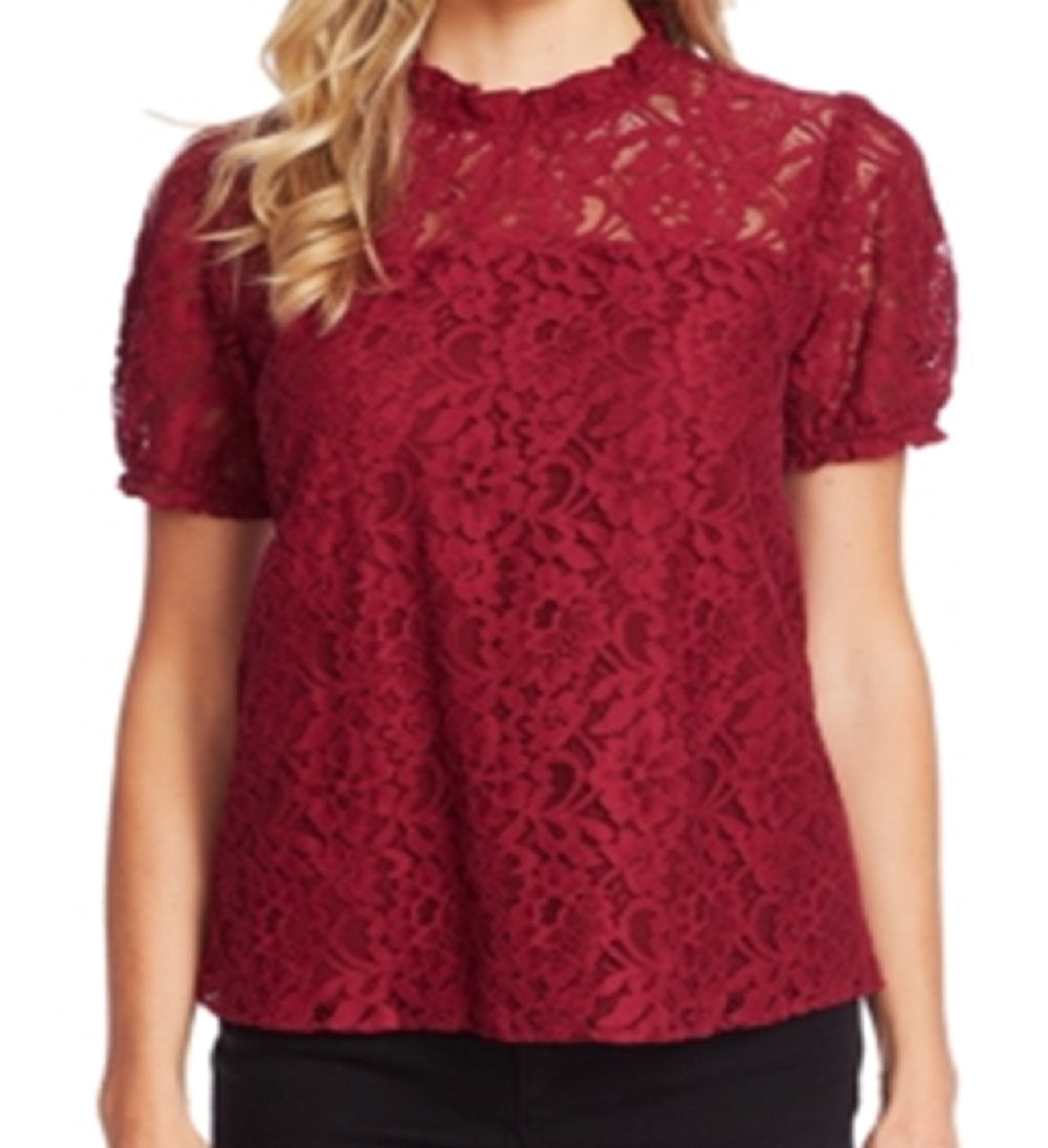 CeCe Women's Floral Short Sleeve Illusion Neckline Top Red Size X-Large