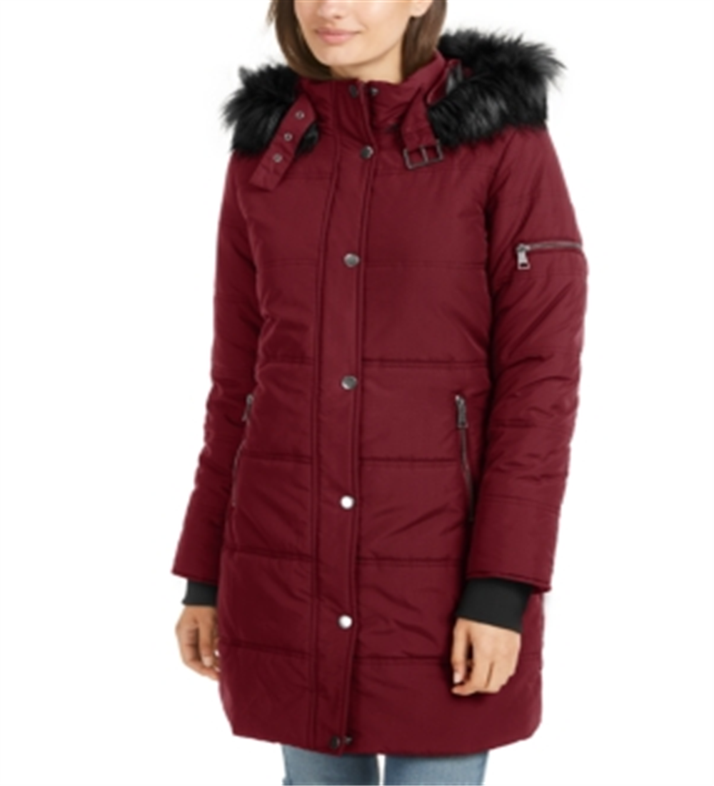 Maralyn & Me Junior's Faux Fur Trim Hooded Puffer Coat Maroon Size Medium