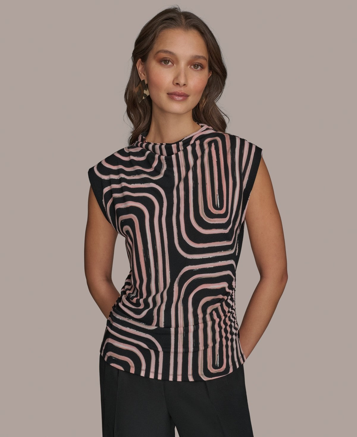 Donna Karan New York Womens Printed High Neck Blouse Black Apricot Multi
