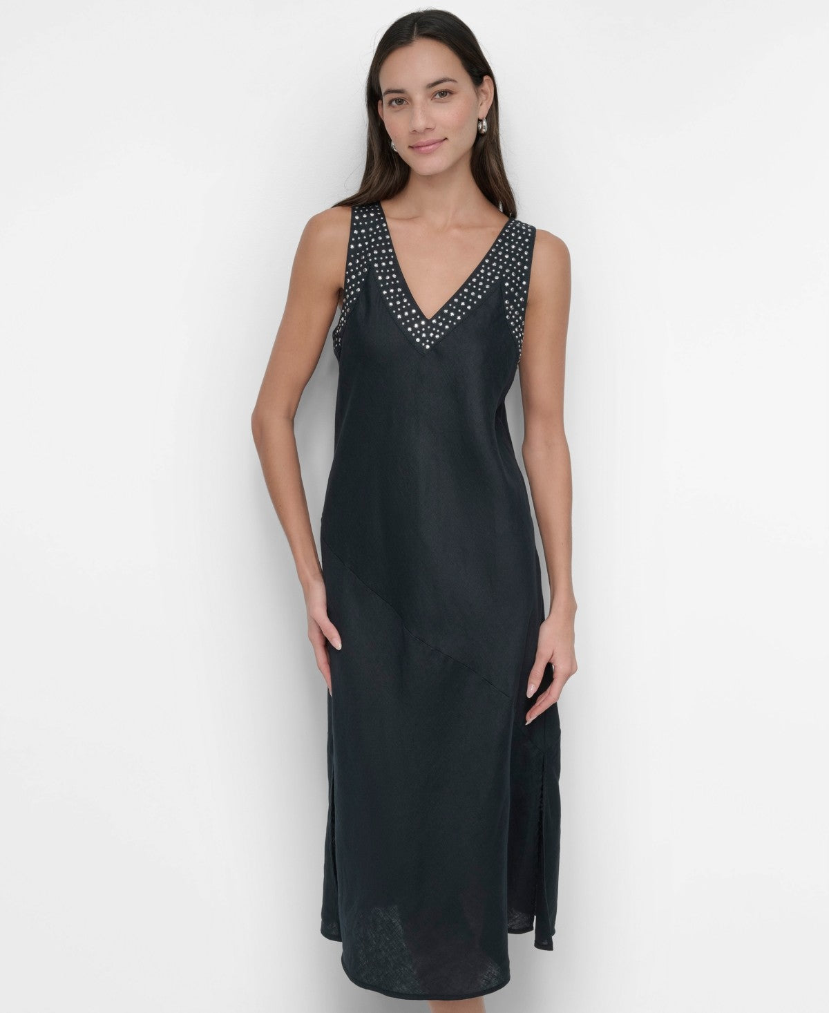 DKNY Womens Linen Sleeveless Studded V Neck Midi Dress Black