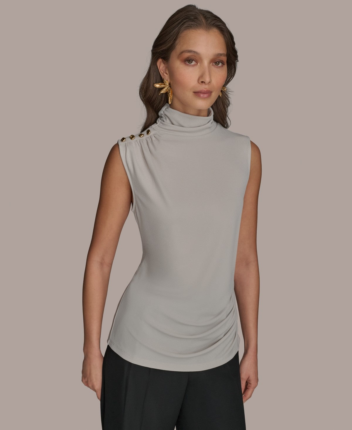 Donna Karan New York Womens Sleeveless Mock Neck Top Tuscan Grey