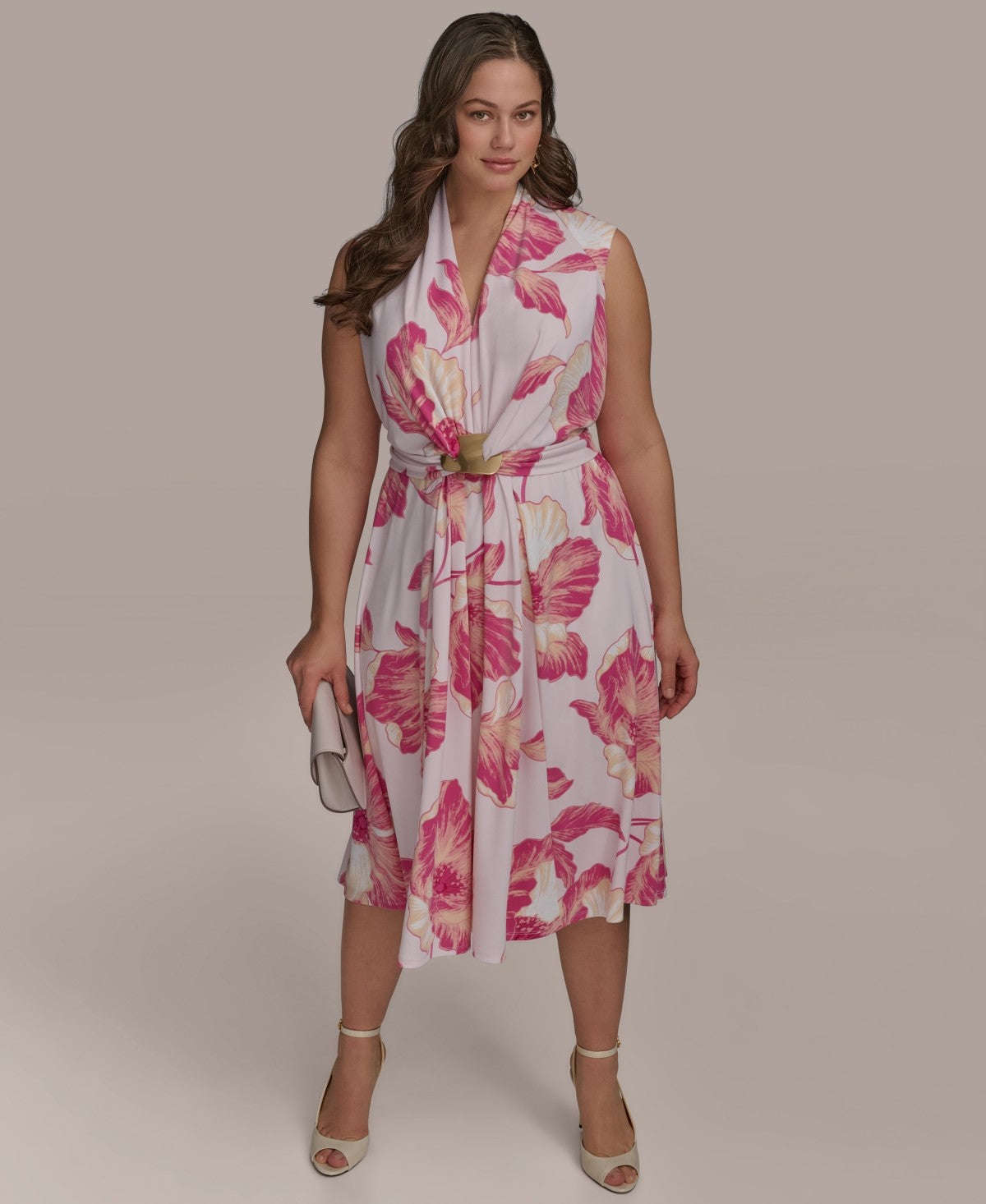 Donna Karan New York Plus Size Floral Print Belted Midi Dress Misty Rose Pink