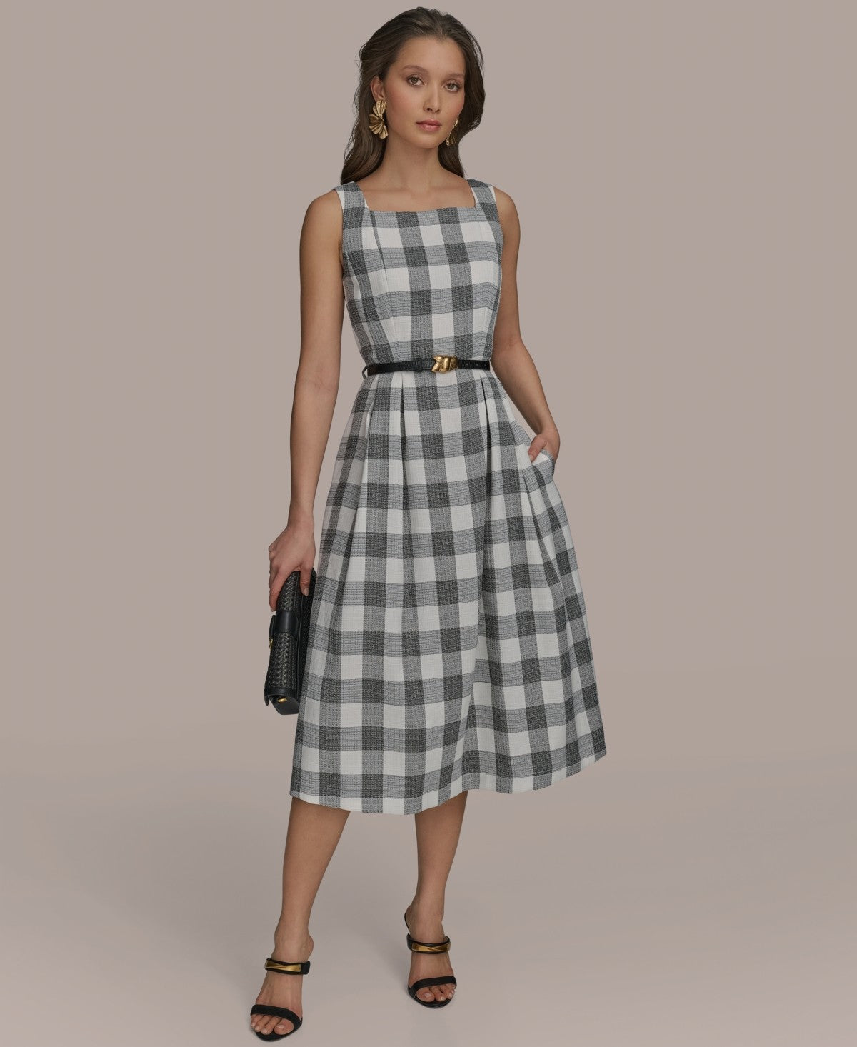 Donna Karan New York Womens Gingham Print Belted A Line Dress Black Cream