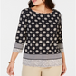 Charter Club Women's Printed Boat Neck Top Black Size Medium
