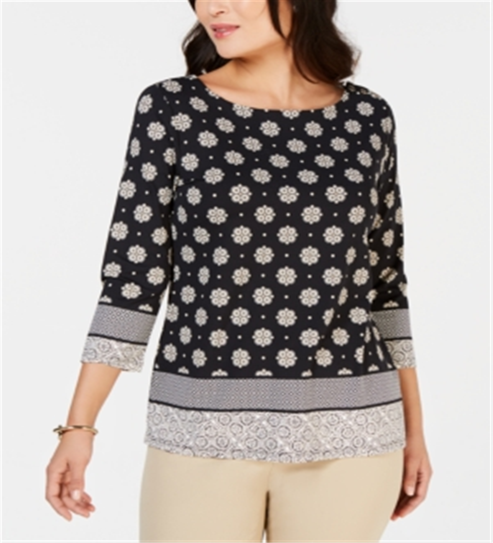 Charter Club Women's Printed Boat Neck Top Black Size Medium