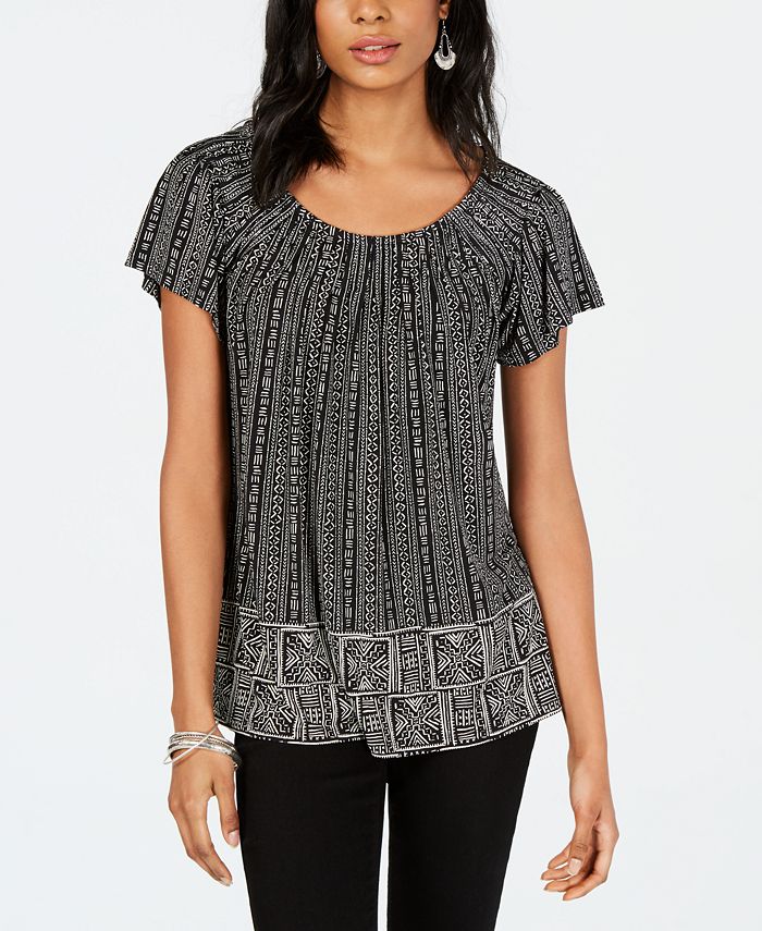 Style & Co Women's Printed Pleated Scoop Neck Top Black Size Petite