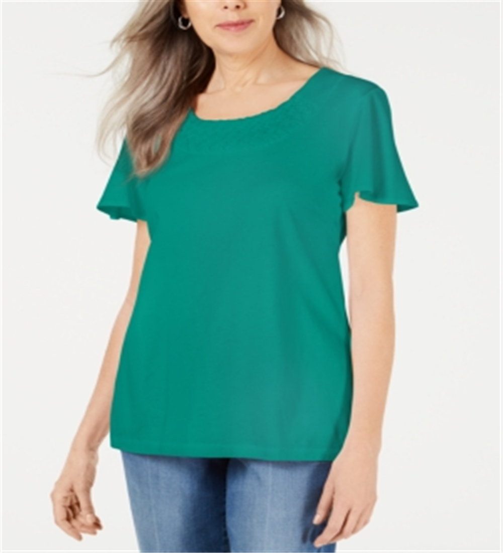 Karen Scott Women's Braided Neck T-Shirt Green Size X-Small