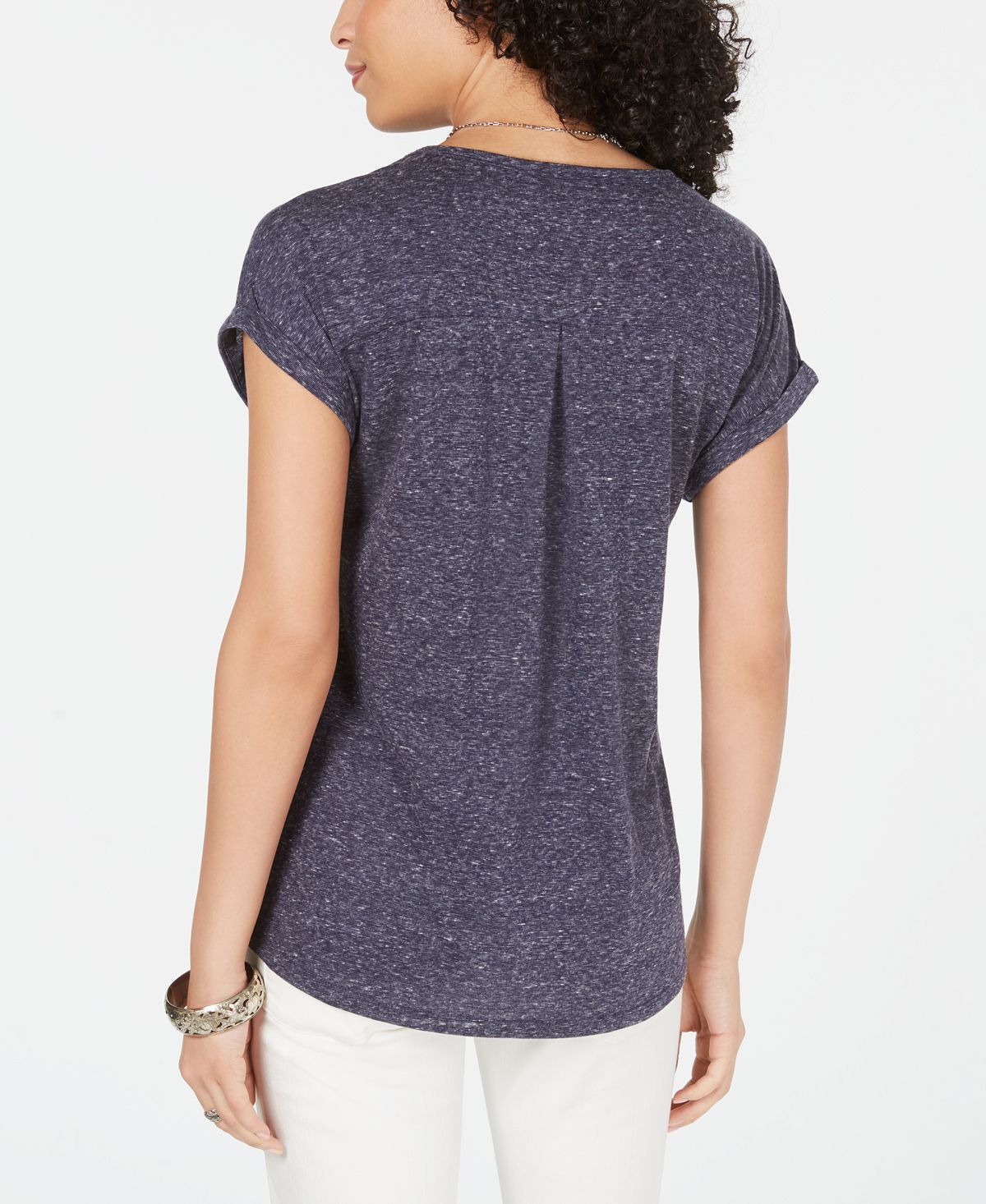 Style & Co Women's Heather Printed Short Sleeve V Neck T-Shirt Top Blue Size Small