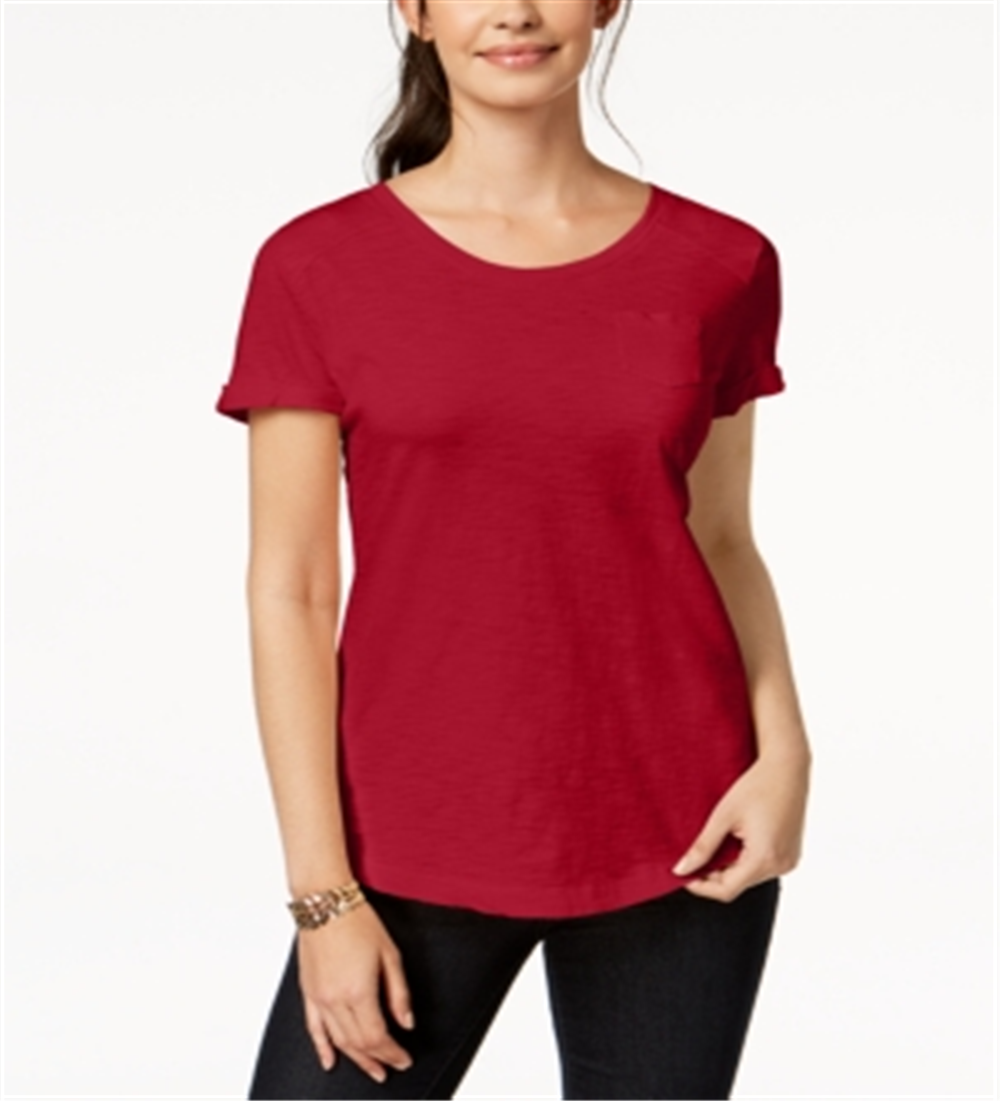 Style & Co Women's V Neck Pocket T-Shirt Red Size Petite