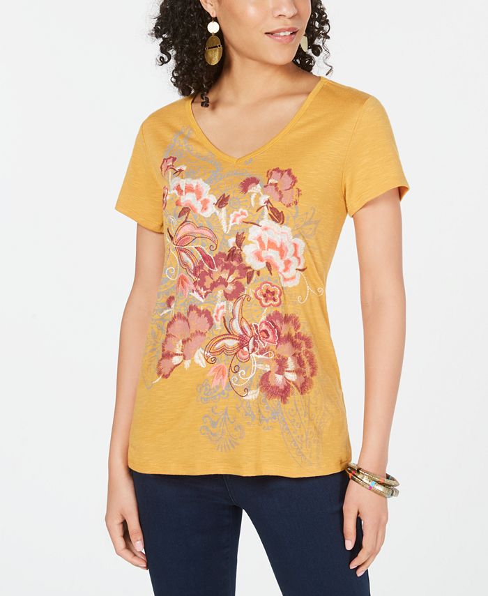 Style & Co Women's Floral Graphic V Neck Top Yellow Size Medium