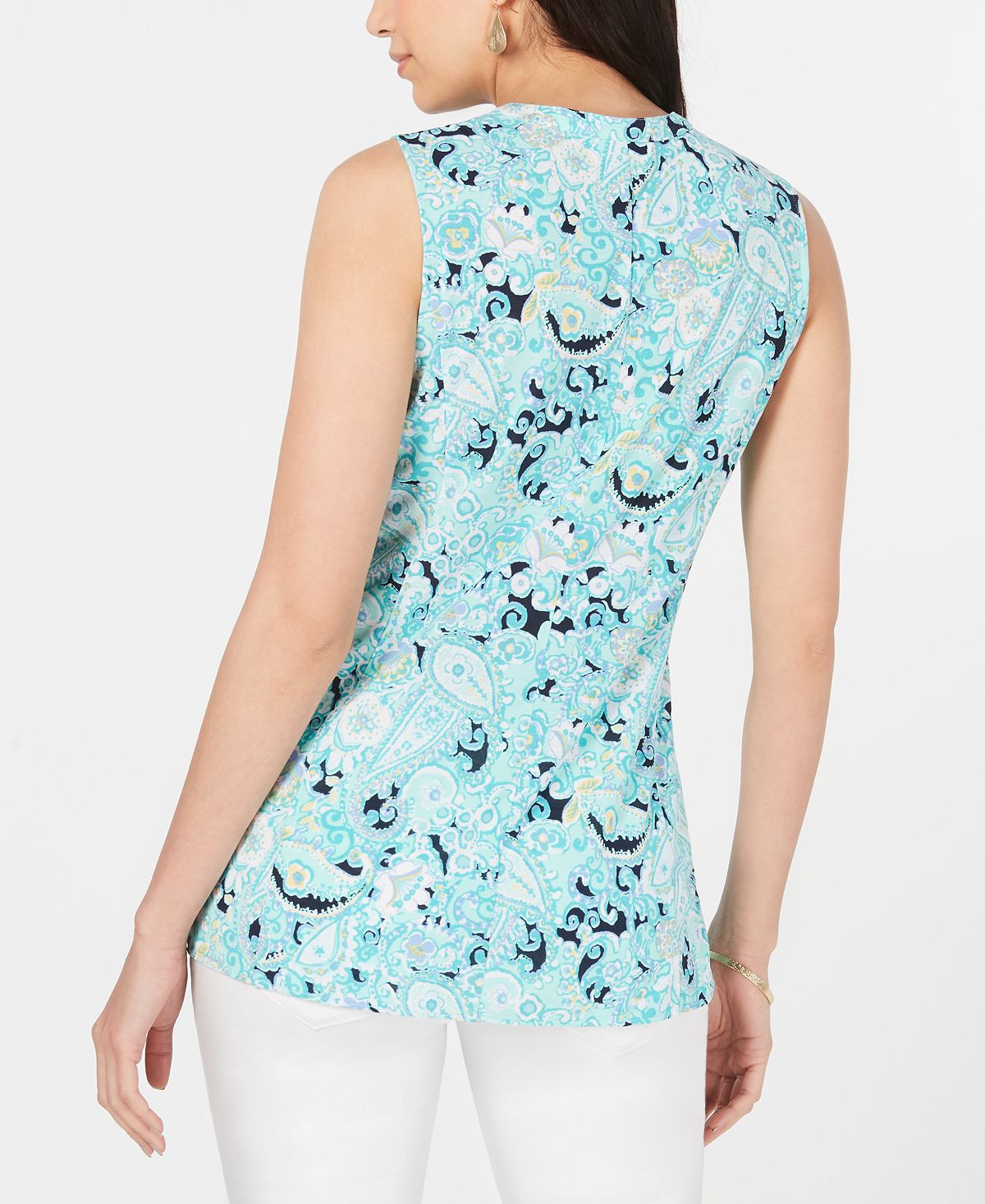 Charter Club Women's Printed Sleeveless V Neck Tunic Top Blue Size Medium