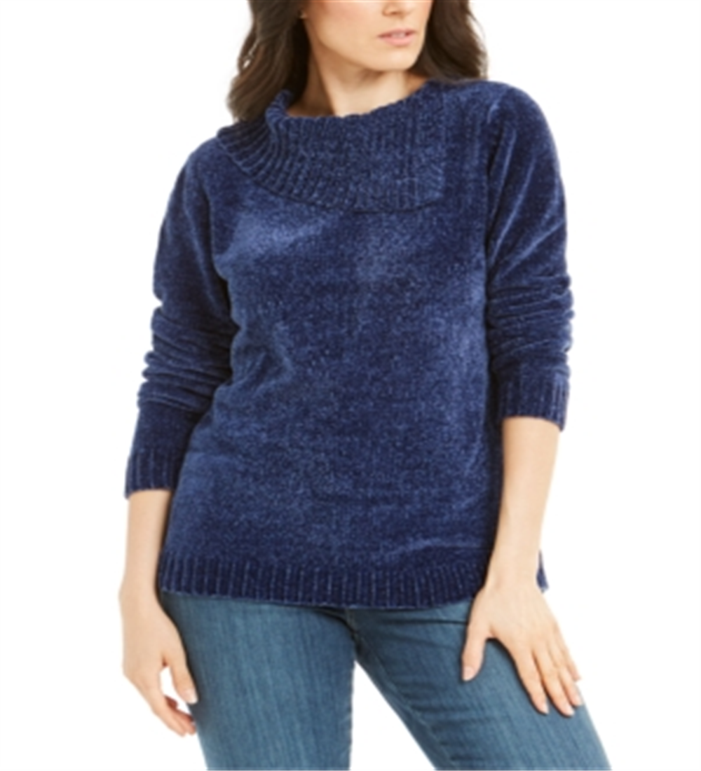 Karen Scott Women's Envelope Neck Chenille Sweater Blue Size Petite L